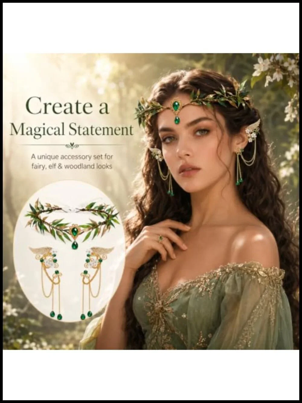 Fairy Crown and Elf Ear Cuffs Set, Adjustable Handcrafted Flower Headpiece